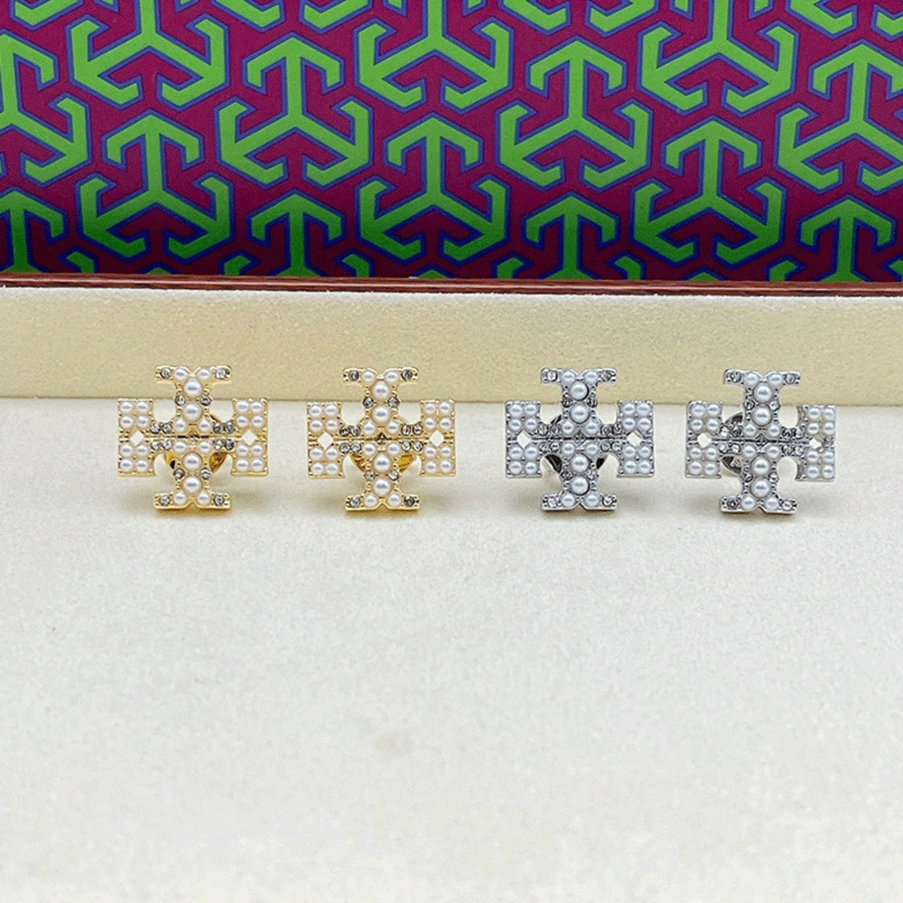 Tory Burch Rhinestone Faux Pearl Gold Plated Stud Earrings